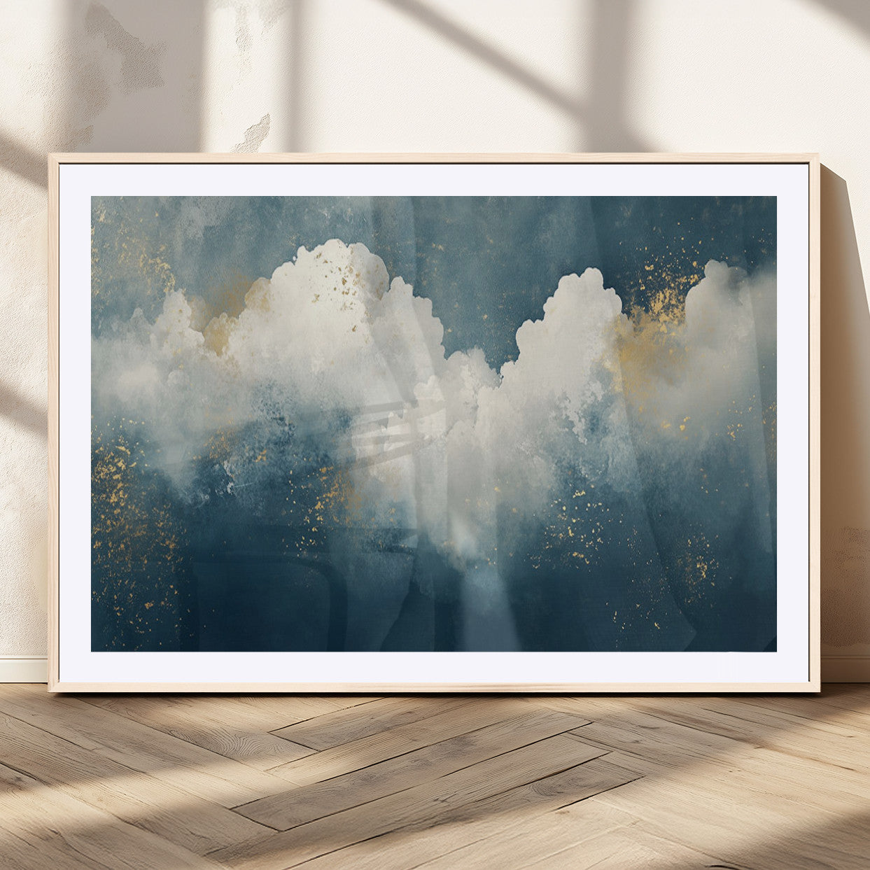 75131-MGC-FP-36x24_Natural-Abstract Cloud Wall Art – Modern Canvas Print Featuring Blue and White Clouds with Golden Accents, Contemporary Artwork for Living