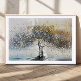 24771-MGV-CV-36X24-Silver Tree Wall Art Canvas Print, Framed Golden Leaves Art Picture Print, Metallic Tree Perfect Minimalist Luxury Decor Artwork