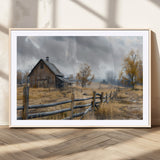 Farm1-MGC-FP-36x24_Natural-Rustic Autumn Farmhouse Wall Art – Serene Countryside Scene Canvas Print, Weathered Barn and Autumn Trees Decor for Living Room,