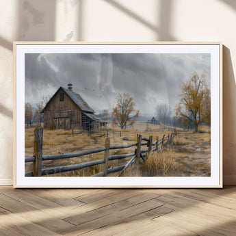 Farm1-MGC-FP-36x24_Natural-Rustic Autumn Farmhouse Wall Art – Serene Countryside Scene Canvas Print, Weathered Barn and Autumn Trees Decor for Living Room,