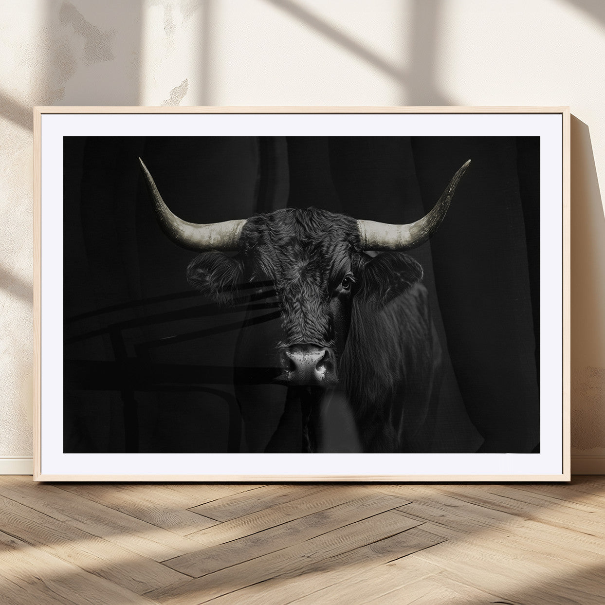 97914921-MGV-CV-36X24-Black Bull Wall Art Canvas Print, Framed Longhorn Bull Art Picture Print, Western Bull Perfect Monochrome Western Decor Artwork