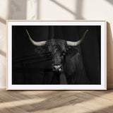 97914921-MGV-CV-36X24-Black Bull Wall Art Canvas Print, Framed Longhorn Bull Art Picture Print, Western Bull Perfect Monochrome Western Decor Artwork