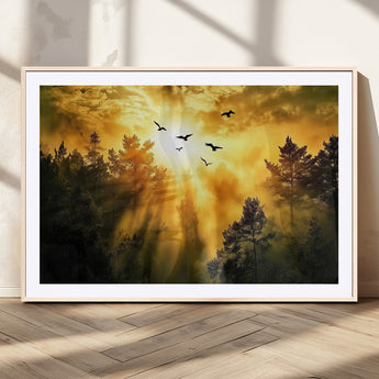 13776802-MGC-FP-36x24_Natural-Golden Forest Wall Art Canvas Print, Framed Sunset Pines Art Picture Print, Flying Birds Perfect Nature Glow Decor Artwork