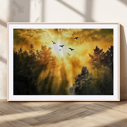 13776802-MGV-CV-36X24-Golden Forest Wall Art Canvas Print, Framed Sunset Pines Art Picture Print, Flying Birds Perfect Nature Glow Decor Artwork