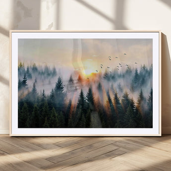56391411-MGV-CV-36X24-Misty Forest Wall Art Canvas Print, Framed Sunrise Pines Art Picture Print, Moody Pines Perfect Serene Woodland Decor Artwork