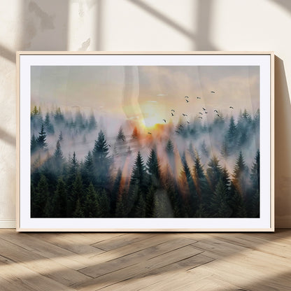 56391411-MGV-CV-36X24-Misty Forest Wall Art Canvas Print, Framed Sunrise Pines Art Picture Print, Moody Pines Perfect Serene Woodland Decor Artwork