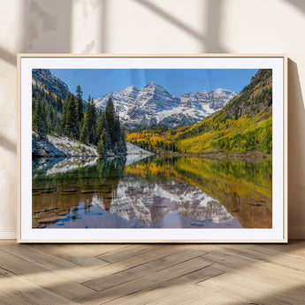 87724099-MGV-CV-36X24-Maroon Bells Wall Art Canvas Print, Framed Snowy Mountains Art Picture Print, Pine Forest Perfect Vibrant Alpine Decor Artwork