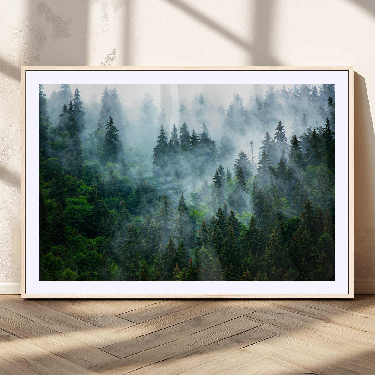 17393683-MGV-CV-36X24-Misty Forest Art Wall Art Canvas Print, Framed Foggy Mountain Art Art Picture Print, Scenic Wall Print Perfect Decor Artwork