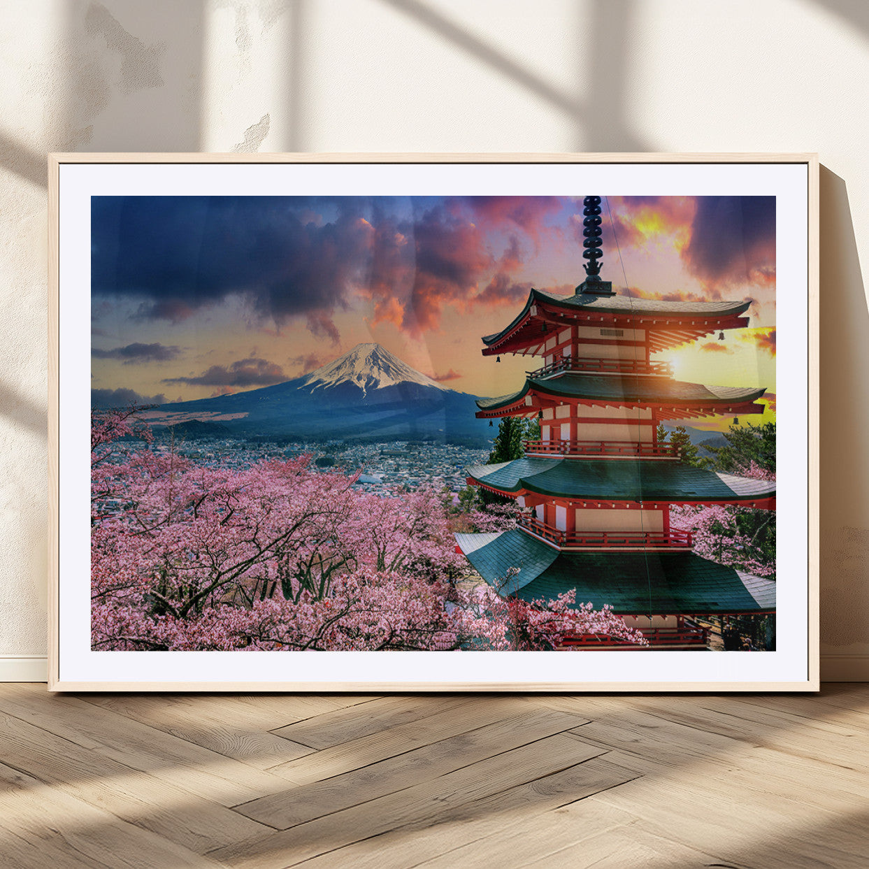 32331262-MGV-CV-36X24-Mount Fuji Japan Wall Art – Cherry Blossom Landscape Canvas Print, Chureito Pagoda Sunset Photography, Japanese Nature Travel