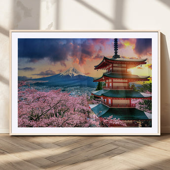32331262-MGV-CV-36X24-Mount Fuji Japan Wall Art – Cherry Blossom Landscape Canvas Print, Chureito Pagoda Sunset Photography, Japanese Nature Travel