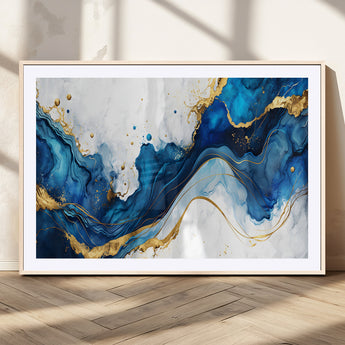 33506371-MGV-CV-36X24-Blue Marble Wall Art Canvas Print, Framed Gold Splash Art Picture Print, Abstract Wave Perfect Modern Luxe Decor Artwork