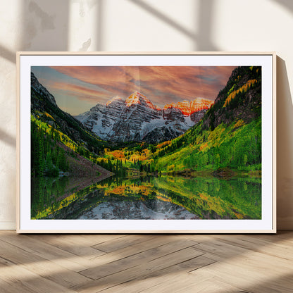 59533484-MGV-CV-36X24-Maroon Bells Autumn Wall Art – Panoramic Mountain Landscape Canvas Print, Sunset Reflection Nature Artwork for Living Room, Office