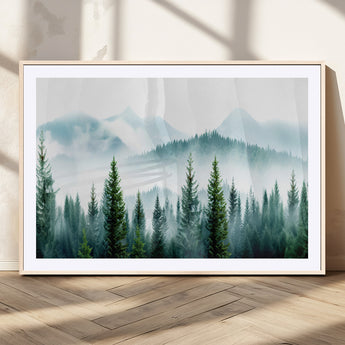 16716676-MGV-CV-36X24-Pine Forest Wall Art Canvas Print, Framed Misty Mountains Art Picture Print, Foggy Trees Perfect Moody Forest Decor Artwork