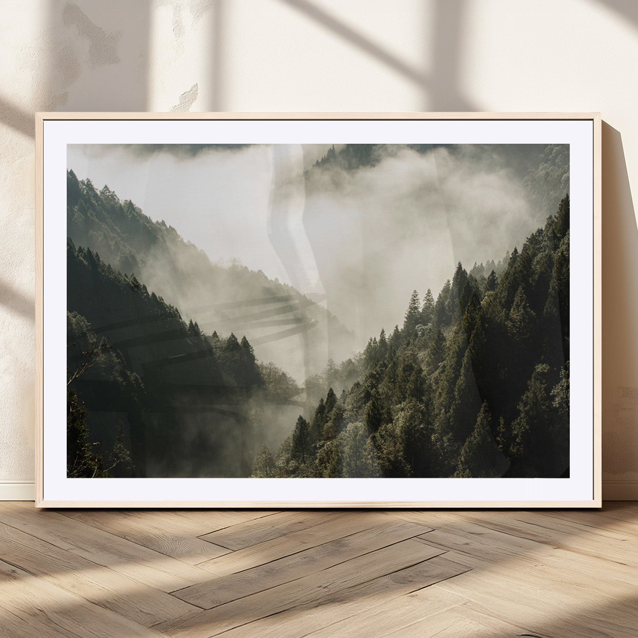57570237-MGV-CV-36X24-Misty Valley Wall Art Canvas Print, Framed Foggy Forest Art Picture Print, Pine Trees Perfect Moody Woodland Decor Artwork