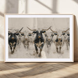 61538944-MGV-CV-36X24-Texas Longhorn Wall Art Canvas Print, Framed Cattles Walking Art Picture Print, Black White Bulls Perfect Rustic Western Decor
