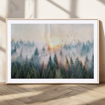 92718976-MGV-CV-36X24-Misty Forest Wall Art Canvas Print, Framed Sunrise Pines Art Picture Print, Foggy Woodland Perfect Moody Woodland Decor Artwork