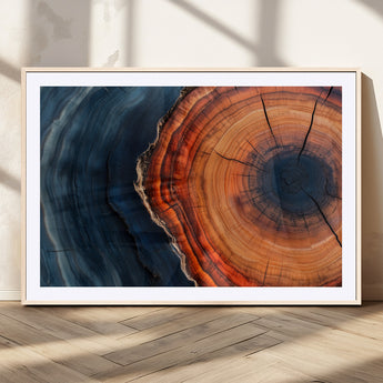 57732250-MGV-CV-36X24-Tree Ring Abstract Wall Art – Blue Orange Wood Grain Canvas Print, Modern Rustic Nature Artwork for Living Room, Office,