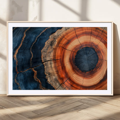 41123192-MGV-CV-36X24-Tree Ring Canvas Wall Art – Abstract Blue Orange Wood Grain Print, Rustic Modern Nature Artwork for Living Room, Bedroom, Office