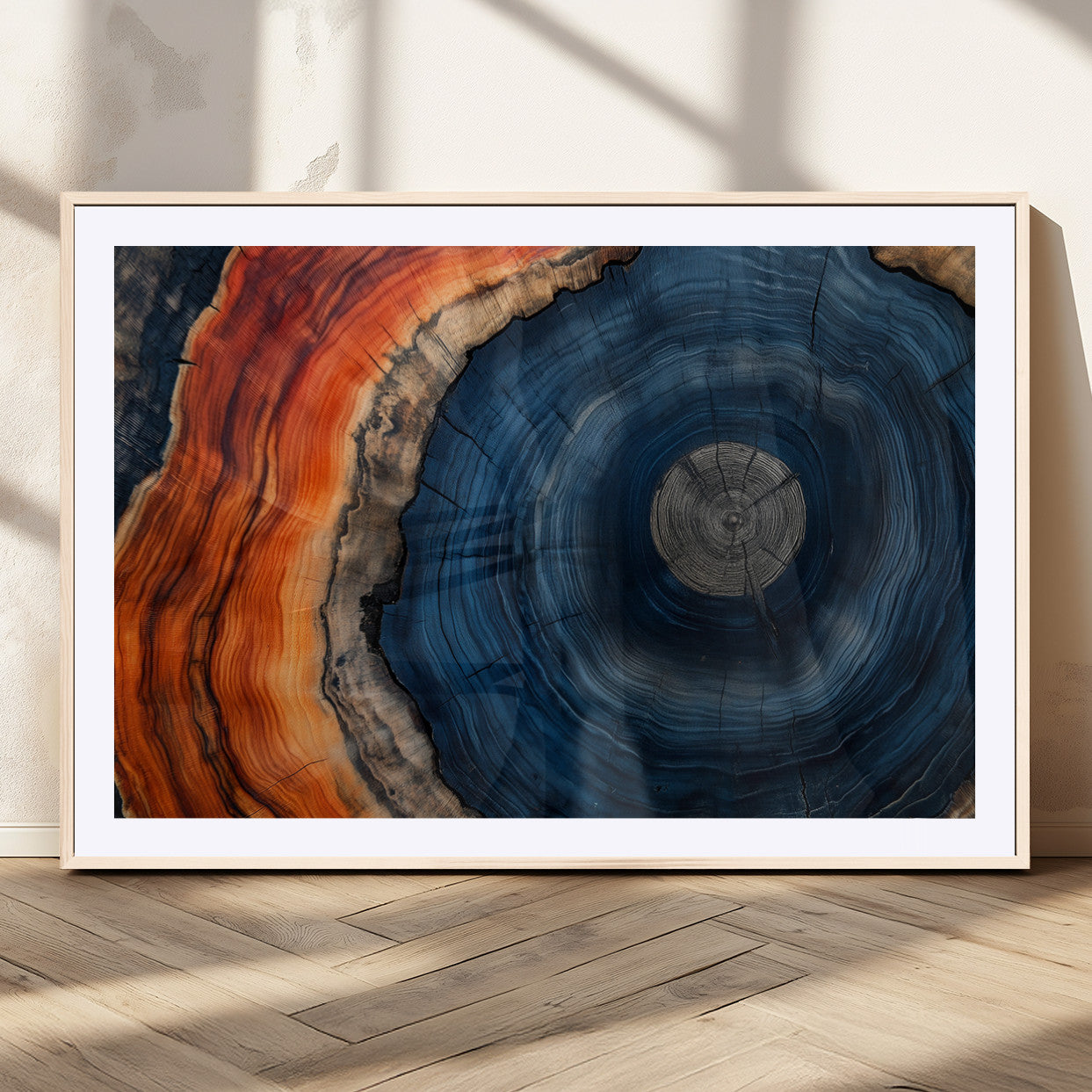 99491700-MGV-CV-36X24-Tree Ring Canvas Wall Art – Blue Orange Abstract Wood Grain Print, Rustic Modern Nature Artwork for Living Room, Office, Bedroom