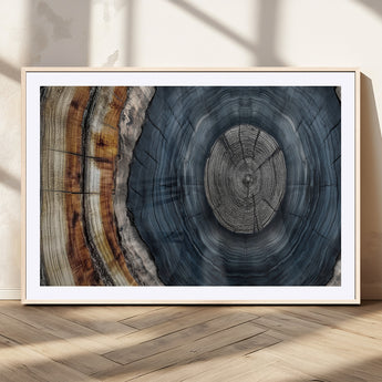 91368647-MGV-CV-36X24-Smoky Blue Tree Ring Wall Art – Rustic Wood Cross Section Canvas Print, Modern Nature Inspired Decor for Living Room, Office, or