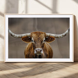 12179171-MGV-CV-36X24-Texas Longhorn Wall Art Canvas Print, Framed Brown Bull Art Picture Print, Lone Cattle Perfect Rustic Western Decor Artwork