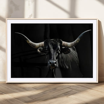 37531960-MGV-CV-36X24-Black Longhorn Bull Wall Art – Dramatic Western Cattle Canvas Print, Rustic Farmhouse Animal Artwork for Living Room, Bedroom,