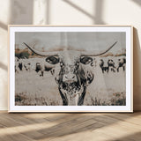 27497342-MGC-FP-36x24_Natural-Texas Longhorn Wall Art Canvas Print, Framed Speckled Cow Art Picture Print, Horned Cattle Perfect Rustic Western Decor Artwork