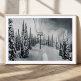 31156828-MGC-FP-36x24_Natural-Snowy Pines Wall Art Canvas Print, Framed Ski Lift Art Picture Print, Winter Forest Perfect Moody Lodge Decor Artwork