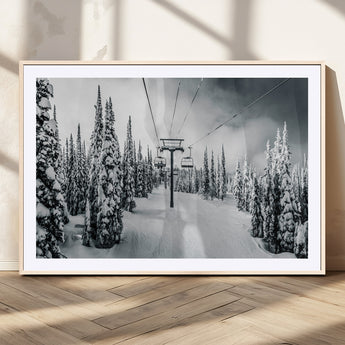 31156828-MGC-FP-36x24_Natural-Snowy Pines Wall Art Canvas Print, Framed Ski Lift Art Picture Print, Winter Forest Perfect Moody Lodge Decor Artwork