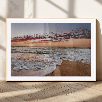 39846389-MGC-FP-36x24_Natural-Ocean Sunset Wall Art Canvas Print, Framed Sandy Shore Art Picture Print, Gentle Waves Perfect Minimalist Coastal Decor Artwork