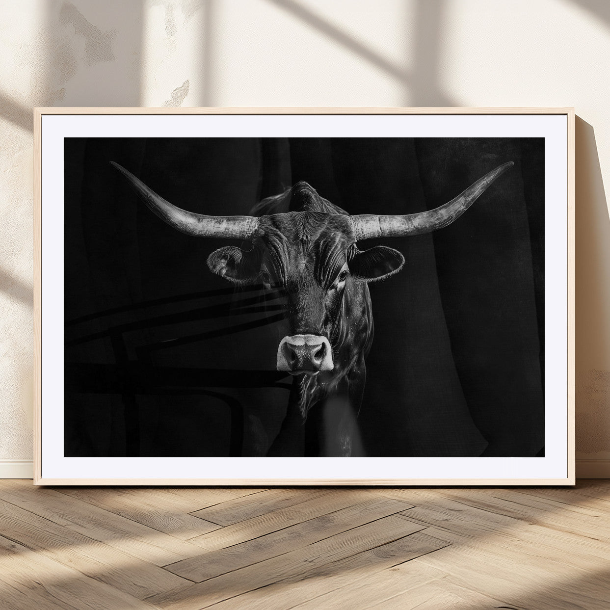42077175-MGV-CV-36X24-Texas Longhorn Wall Art Canvas Print, Framed Monochrome Bull Art Picture Print, Horned Bull Perfect Rustic Western Decor Artwork
