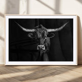 42077175-MGV-CV-36X24-Texas Longhorn Wall Art Canvas Print, Framed Monochrome Bull Art Picture Print, Horned Bull Perfect Rustic Western Decor Artwork