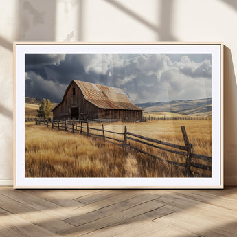 38758826-MGV-CV-36X24-Rustic Barn Wall Art Canvas Print, Framed Moody Barn Art Picture Print, Golden Field Perfect Rustic Farmhouse Decor Artwork