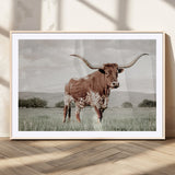 28309012-MGV-CV-36X24-Texas Longhorn Wall Art Canvas Print, Framed Spotted Cattle Art Picture Print, Horned Bull Perfect Rustic Western Decor Artwork
