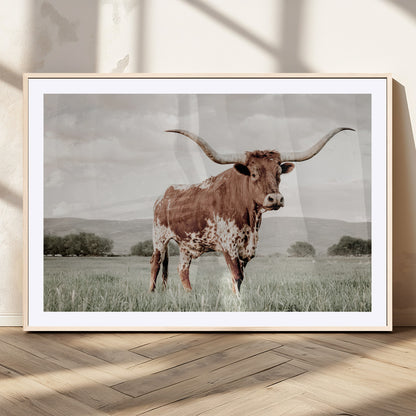 28309012-MGV-CV-36X24-Texas Longhorn Wall Art Canvas Print, Framed Spotted Cattle Art Picture Print, Horned Bull Perfect Rustic Western Decor Artwork