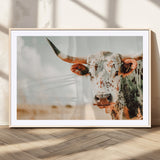 72766375-MGV-CV-36X24-Texas Longhorn Wall Art Canvas Print, Framed Spotted Cow Art Picture Print, Horned Cattle Perfect Rustic Western Decor Artwork