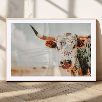 72766375-MGV-CV-36X24-Texas Longhorn Wall Art Canvas Print, Framed Spotted Cow Art Picture Print, Horned Cattle Perfect Rustic Western Decor Artwork