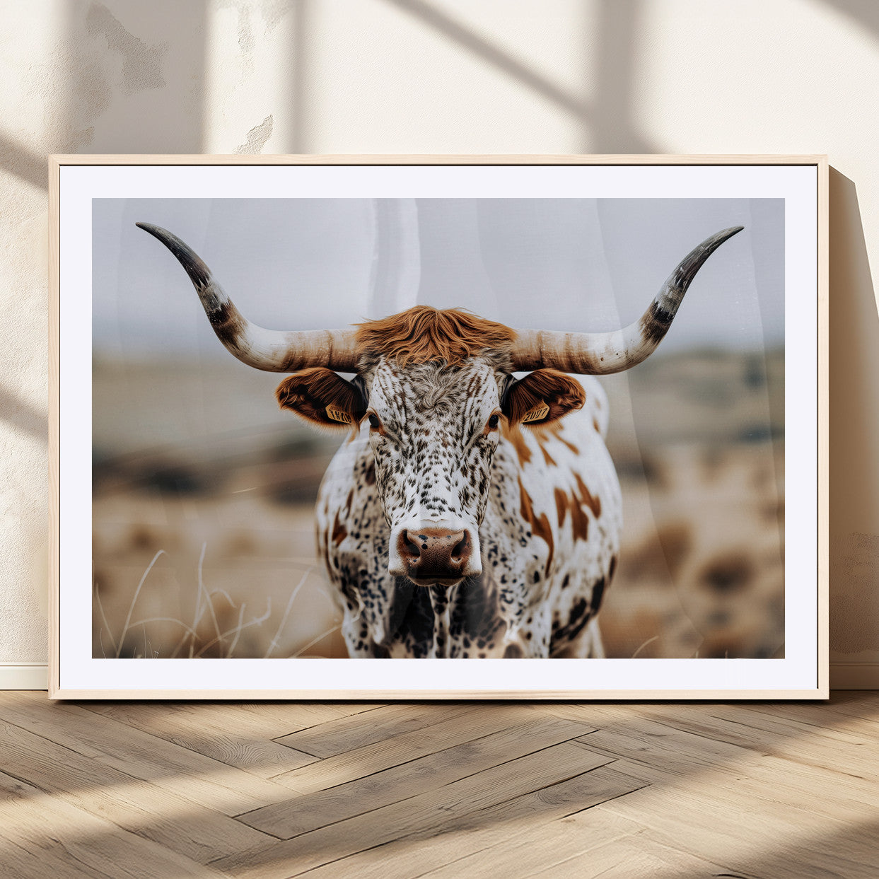 76294381-MGV-CV-36X24-Texas Longhorn Wall Art Canvas Print, Framed Spotted Cow Art Picture Print, Horned Cattle Perfect Rustic Western Decor Artwork