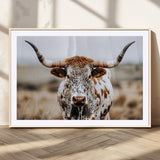 76294381-MGV-CV-36X24-Texas Longhorn Wall Art Canvas Print, Framed Spotted Cow Art Picture Print, Horned Cattle Perfect Rustic Western Decor Artwork