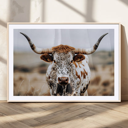 76294381-MGV-CV-36X24-Texas Longhorn Wall Art Canvas Print, Framed Spotted Cow Art Picture Print, Horned Cattle Perfect Rustic Western Decor Artwork