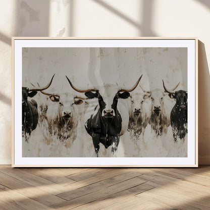 12027562-MGC-FP-36x24_Natural-Longhorn Cattle Wall Art Canvas Print, Framed Bison Herd Art Picture Print, Cattle Group Perfect Rustic Farmhouse Decor Artwork