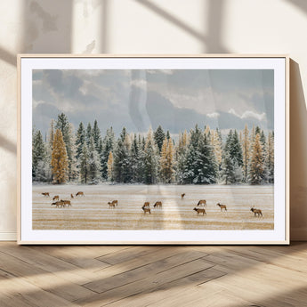 64188182-MGV-CV-36X24-Elk Herd Wall Art Canvas Print, Framed Snowy Forest Art Picture Print, Forest Elks Perfect Neutral Rustic Decor Artwork