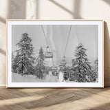 55003599-MGV-CV-36X24-Snowy Ski Lift Wall Art Canvas Print, Framed Winter Forest Art Picture Print, Ski lift Ride Perfect Winter Lodge Decor Artwork