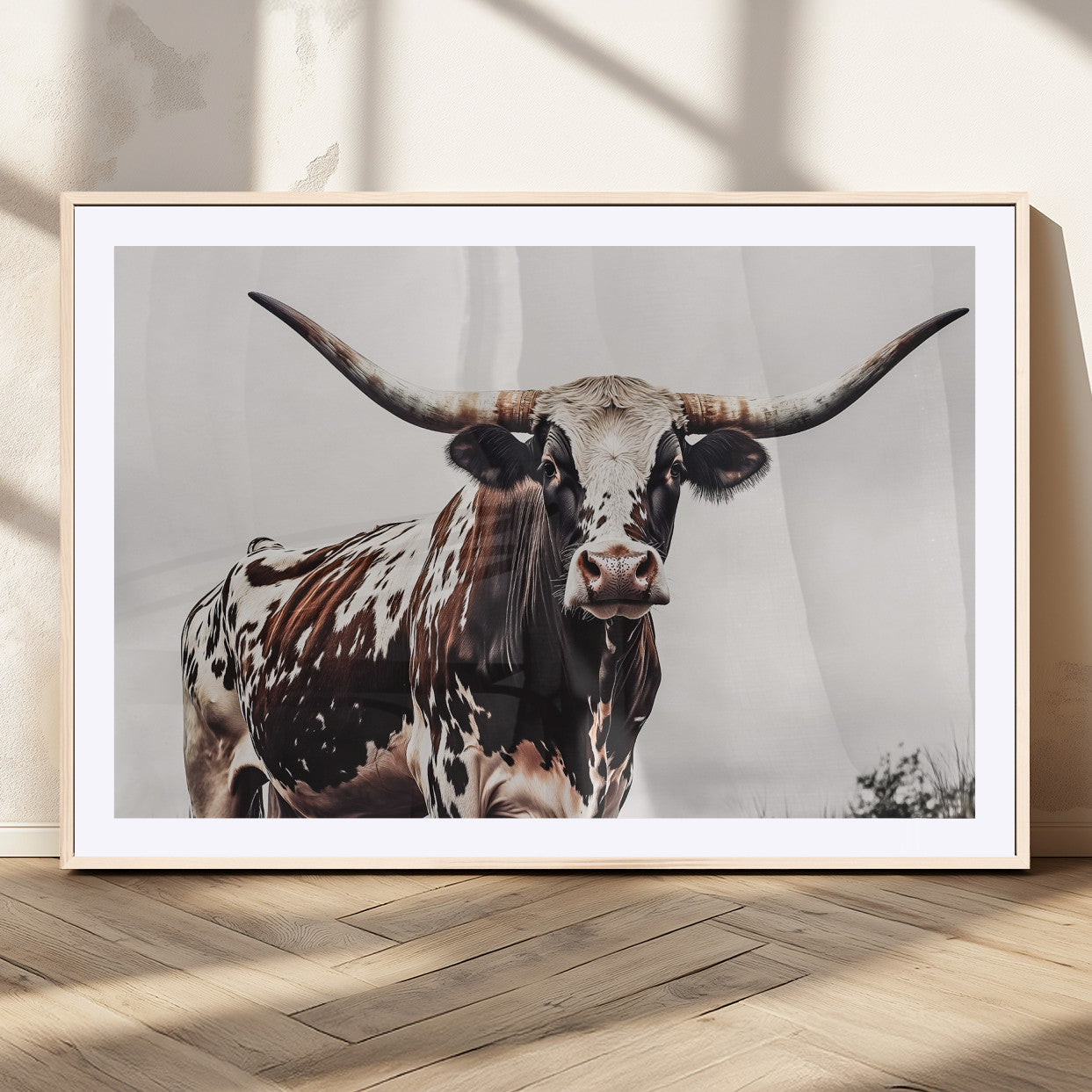 95249234-MGC-FP-36x24_Natural-Texas Longhorn Wall Art Canvas Print, Framed Spotted Bull Art Picture Print, Horned Cattle Perfect Rustic Farmhouse Decor Artwork