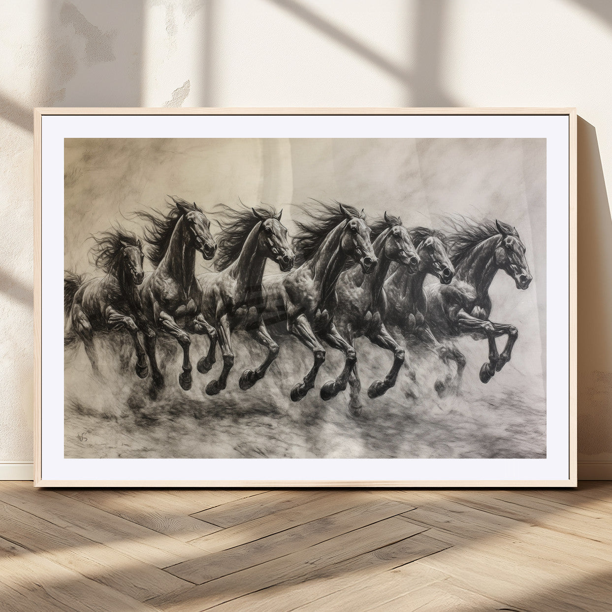 56089591-MGC-FP-36x24_Natural-Galloping Horses Wall Art Canvas Print, Framed Wild Stallions Art Picture Print, Horse Herd Sketch Perfect Monochrome Dynamic