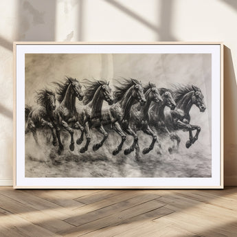 56089591-MGC-FP-36x24_Natural-Galloping Horses Wall Art Canvas Print, Framed Wild Stallions Art Picture Print, Horse Herd Sketch Perfect Monochrome Dynamic
