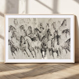 19433417-MGC-FP-36x24_Natural-Running Horses Wall Art Canvas Print, Framed Horse Sketch Art Picture Print, Galloping Herd Perfect Monochrome Western Decor