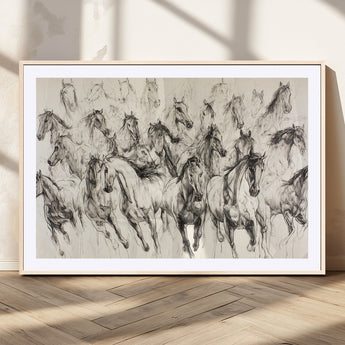 19433417-MGC-FP-36x24_Natural-Running Horses Wall Art Canvas Print, Framed Horse Sketch Art Picture Print, Galloping Herd Perfect Monochrome Western Decor