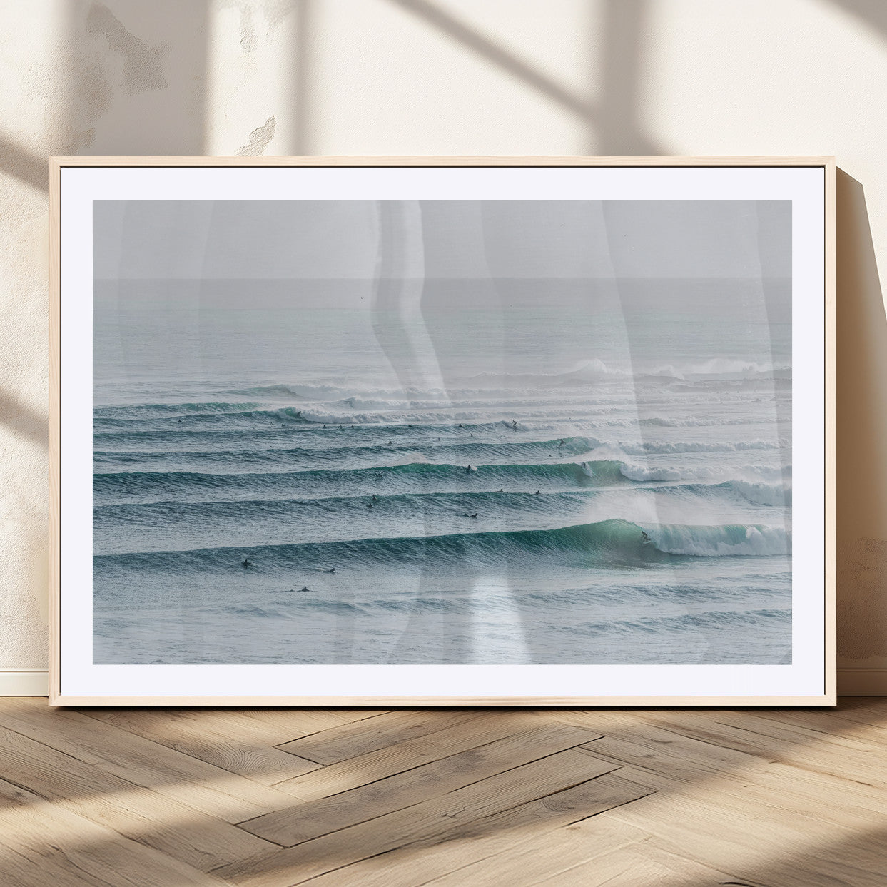 73969318-MGC-FP-36x24_Natural-Ocean Waves Wall Art Canvas Print, Framed Surfer Lineup Art Picture Print, Crowded Ocean Perfect Minimal Coastal Decor Artwork