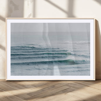 73969318-MGC-FP-36x24_Natural-Ocean Waves Wall Art Canvas Print, Framed Surfer Lineup Art Picture Print, Crowded Ocean Perfect Minimal Coastal Decor Artwork